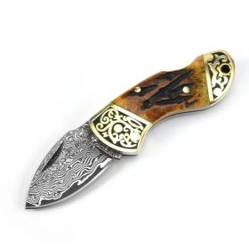 Brown Ox Bone Carved Pure Brass Handle Damascus Steel Folding Knife