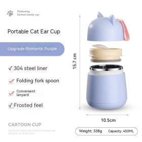 304 Stainless Steel Cartoon Cat Ear Insulation Soup Cups With Cover Spoon (Option: Blue Stainless Steel Liner-450ml)